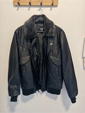 Women's Black Faux-Leather Jacket with Faux-Fur Collar
